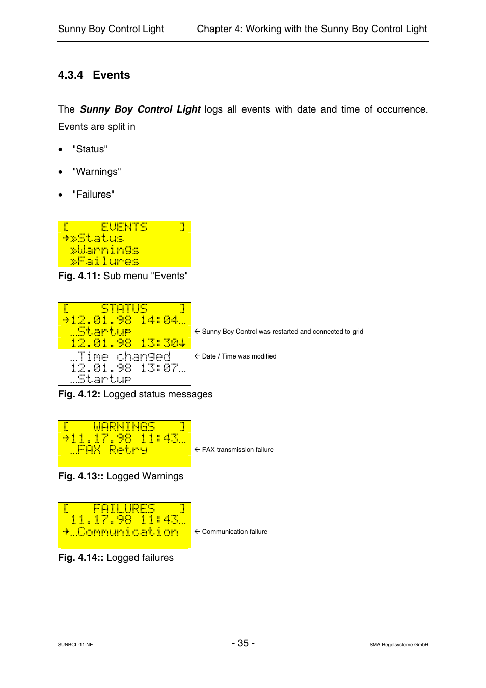 Events, Status, Warnings | Failures, Startup, Time changed, Fax retry, Communication, 4 events | SMA Sunny Boy Control Light User Manual | Page 35 / 96