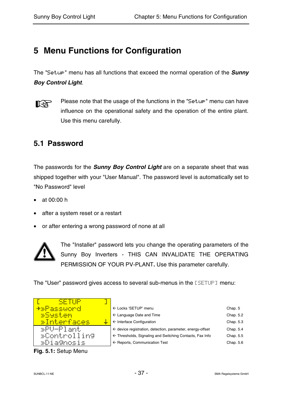 Menu functions for configuration, Password, 5 menu functions for configuration | 1 password, Setup, System, Interfaces, Pv-plant, Controlling, Diagnosis | SMA Sunny Boy Control Light User Manual | Page 37 / 96