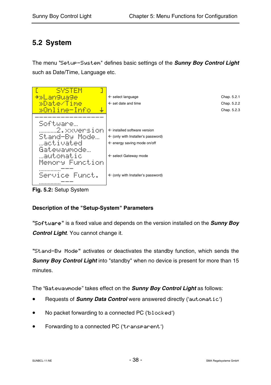 System, 2 system, Language | Date/time, Online-info, Software, Xxversion, Stand-by mode, Activated, Gatewaymode | SMA Sunny Boy Control Light User Manual | Page 38 / 96