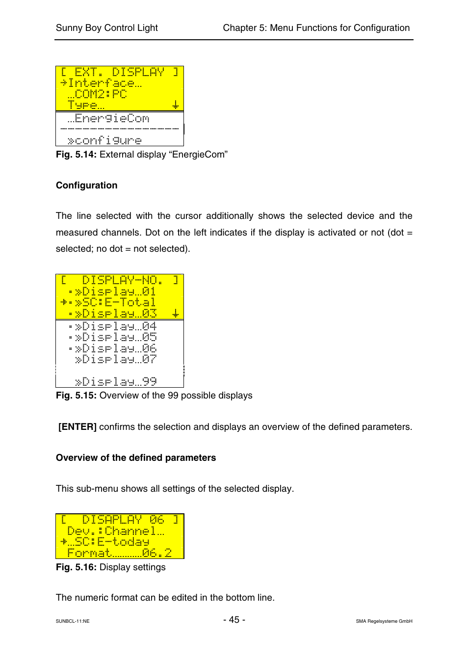 Ext. display, Interface, Com2:pc | Type, Energiecom, Configure, Display-no, Display 01, Sc:e-total, Display 03 | SMA Sunny Boy Control Light User Manual | Page 45 / 96