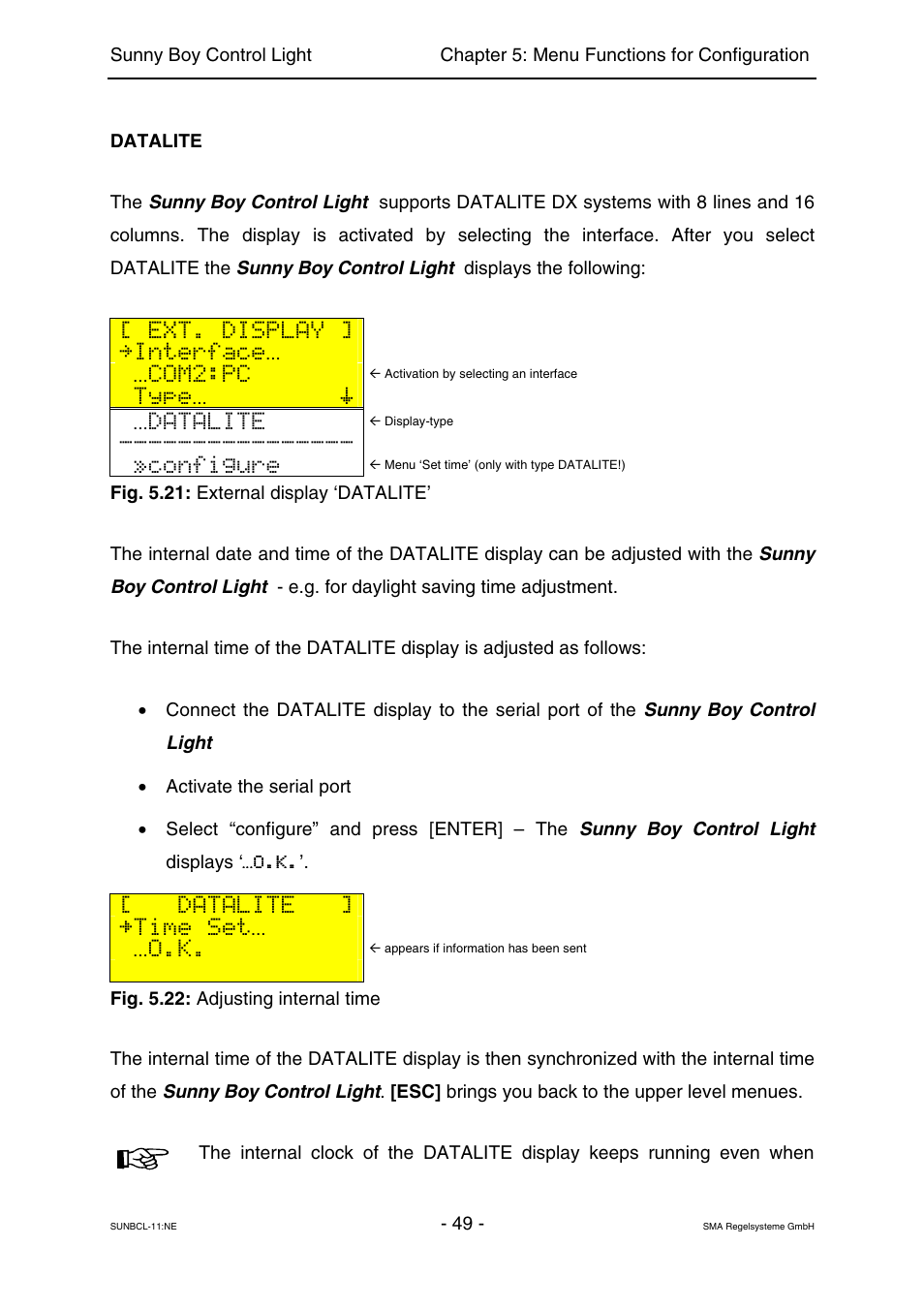 Ext. display, Interface, Com2:pc | Type, Datalite, Configure, Time set | SMA Sunny Boy Control Light User Manual | Page 49 / 96