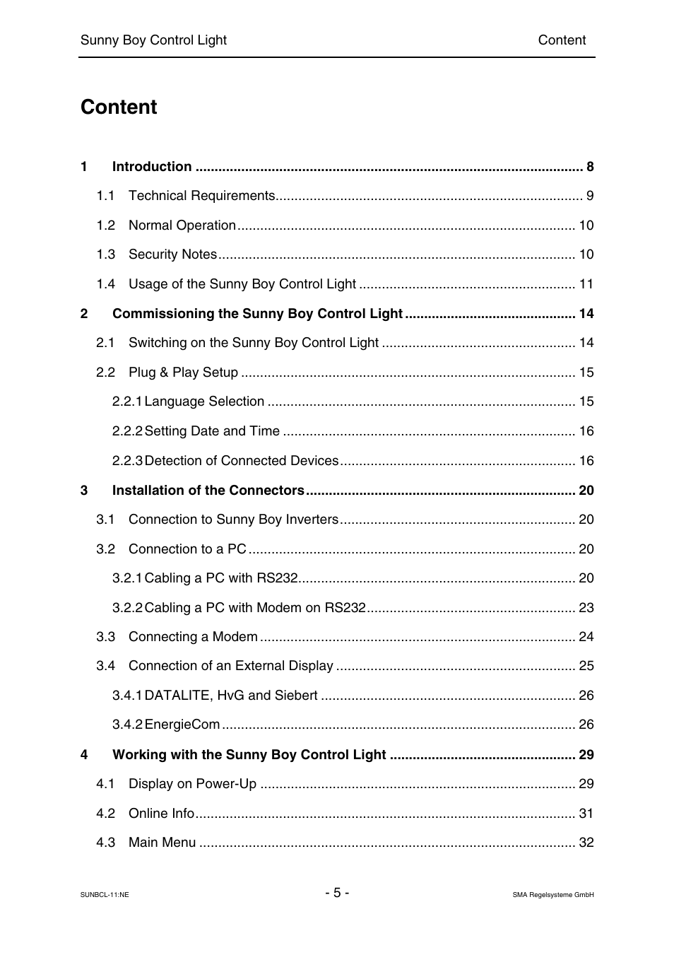 Content | SMA Sunny Boy Control Light User Manual | Page 5 / 96