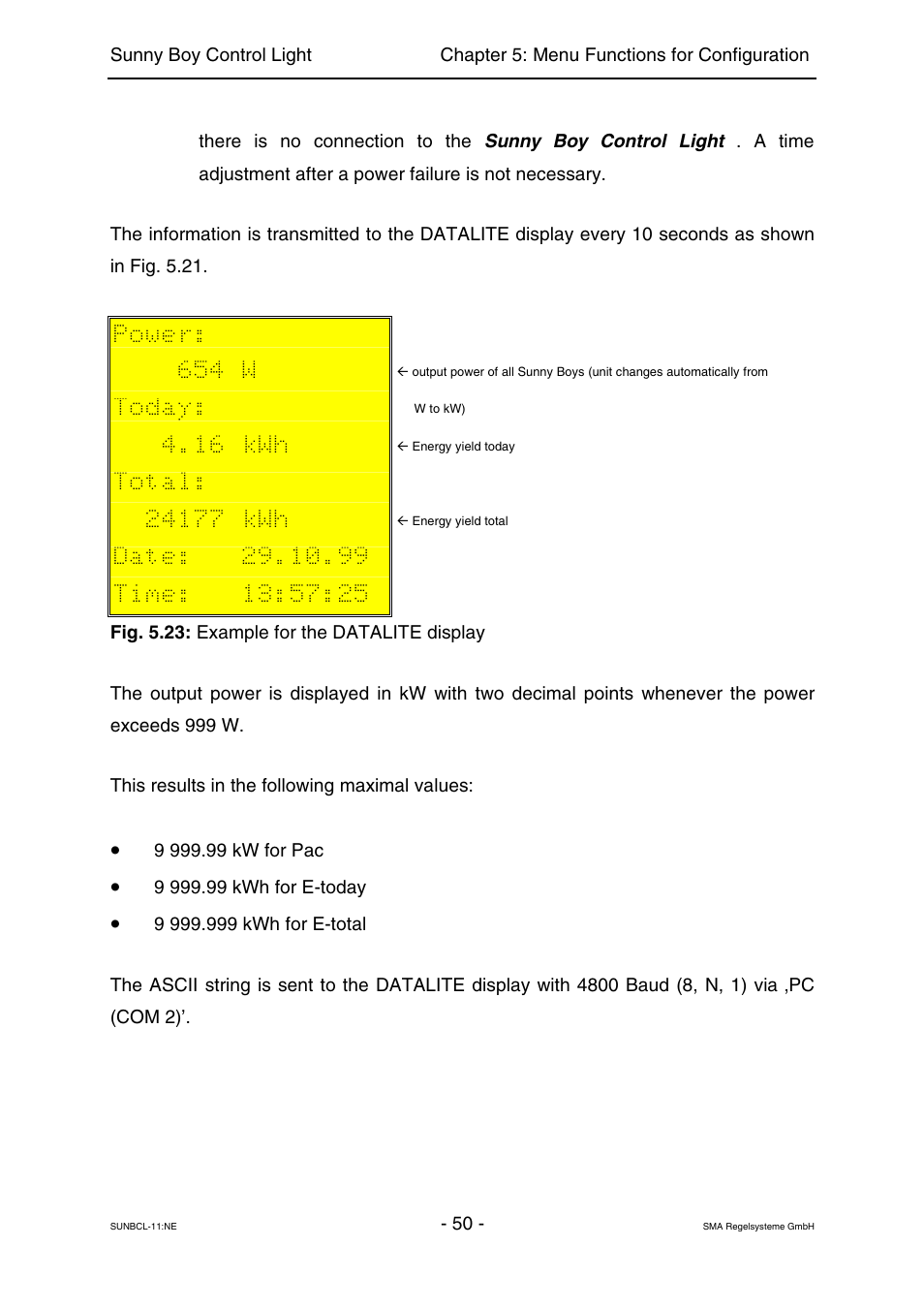 Power, 654 w, Today | 16 kwh, Total | SMA Sunny Boy Control Light User Manual | Page 50 / 96