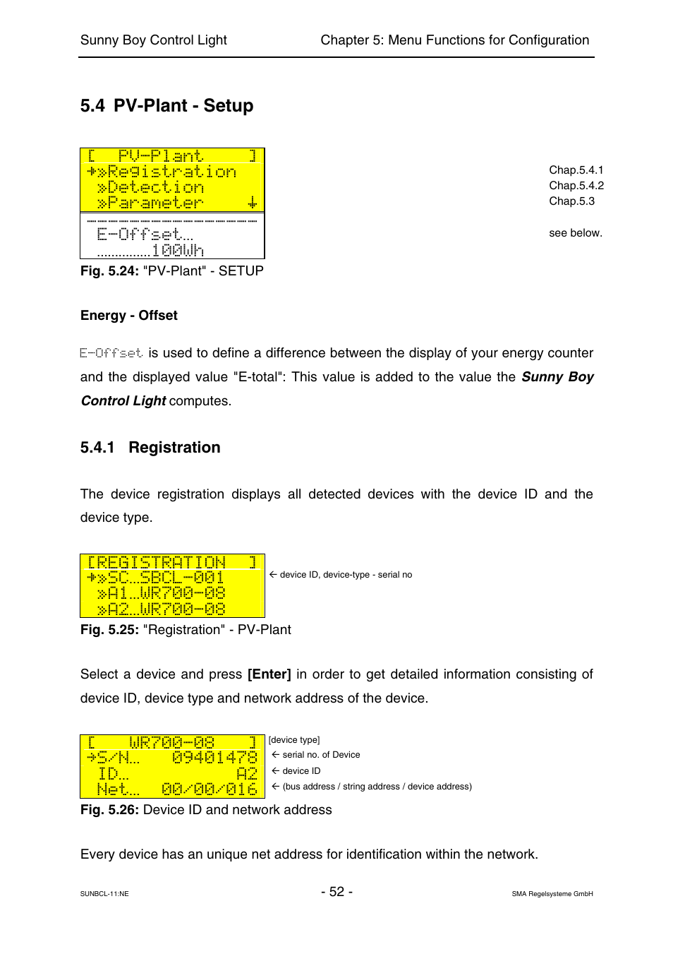 Pv-plant - setup, Registration, 4 pv-plant - setup [ pv-plant | Detection, Parameter, E-offset, 100wh, Sc sbcl-001, Id a2, 1 registration | SMA Sunny Boy Control Light User Manual | Page 52 / 96