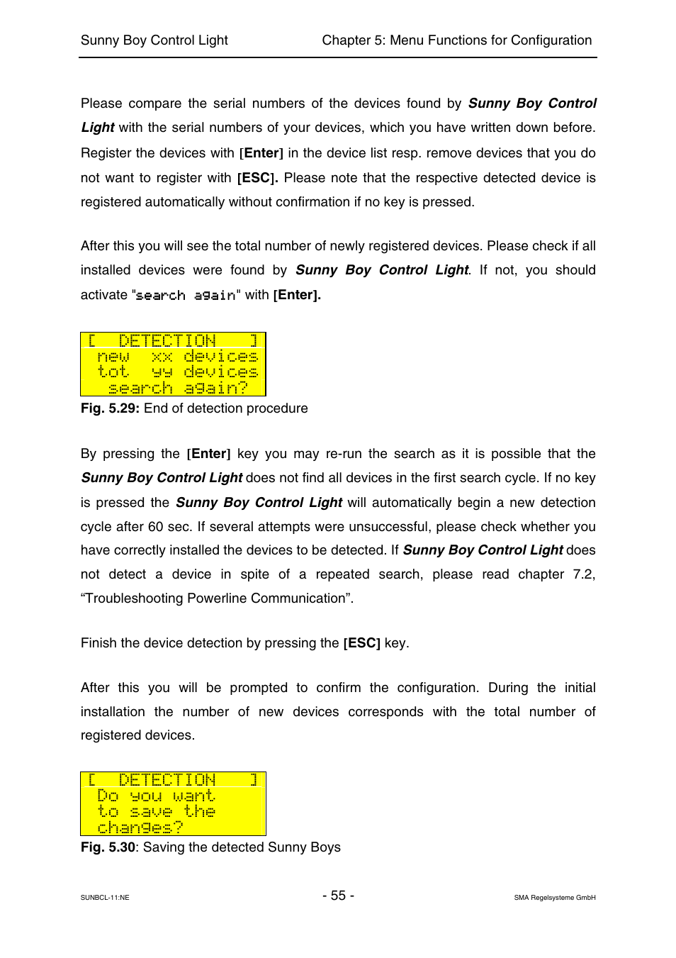 Detection, New xx devices, Tot yy devices | Search again, Do you want, Changes | SMA Sunny Boy Control Light User Manual | Page 55 / 96