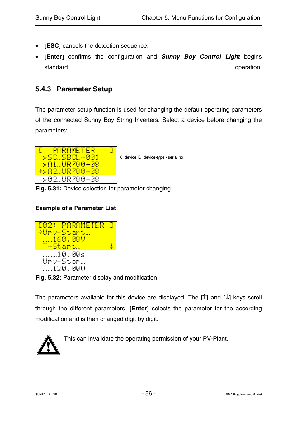 Parameter setup, Parameter, Sc sbcl-001 | Upv-start, T-start, Upv-stop, 3 parameter setup | SMA Sunny Boy Control Light User Manual | Page 56 / 96