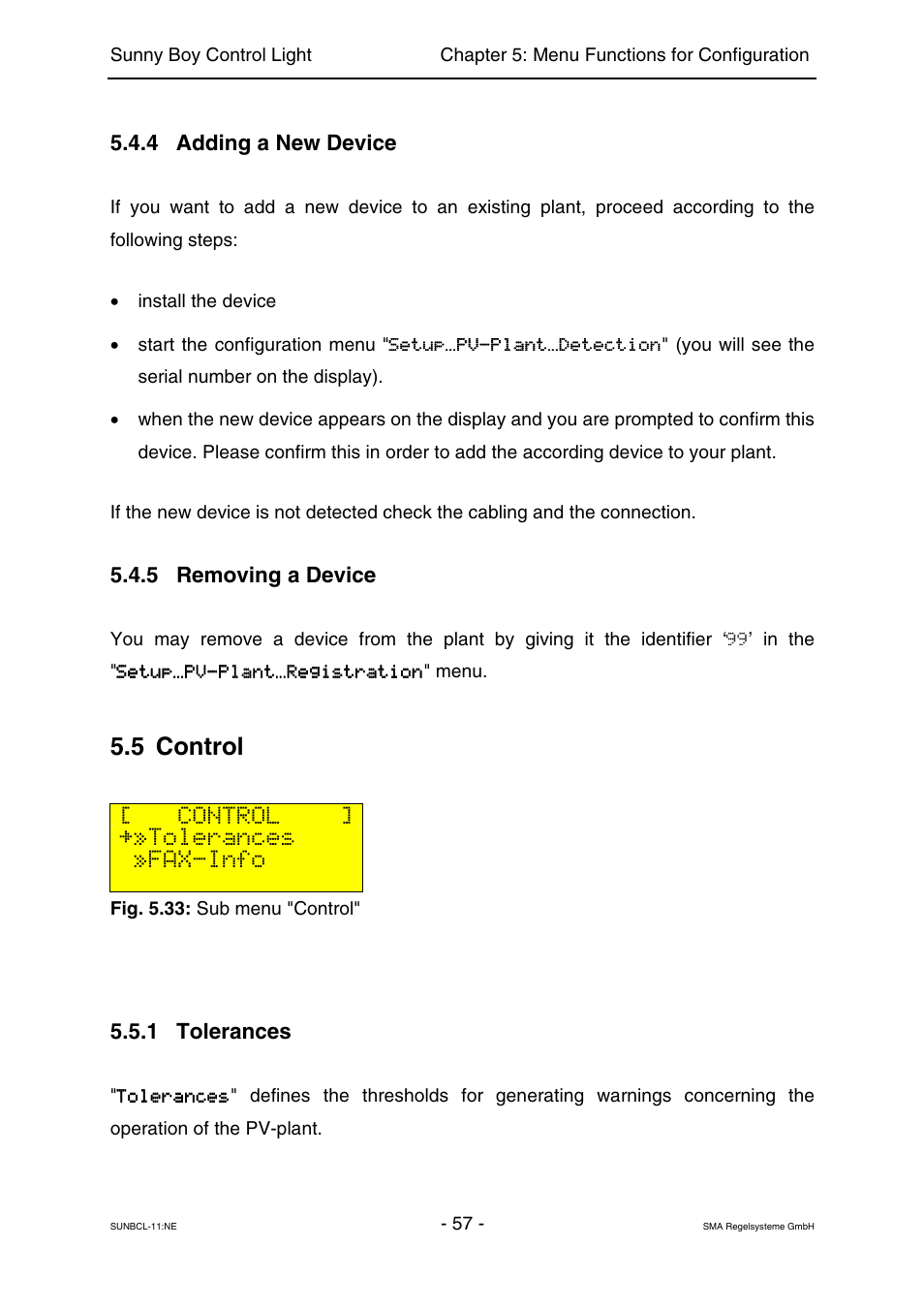 Adding a new device, Removing a device, Control | Tolerances, 5 control [ control, Fax-info | SMA Sunny Boy Control Light User Manual | Page 57 / 96