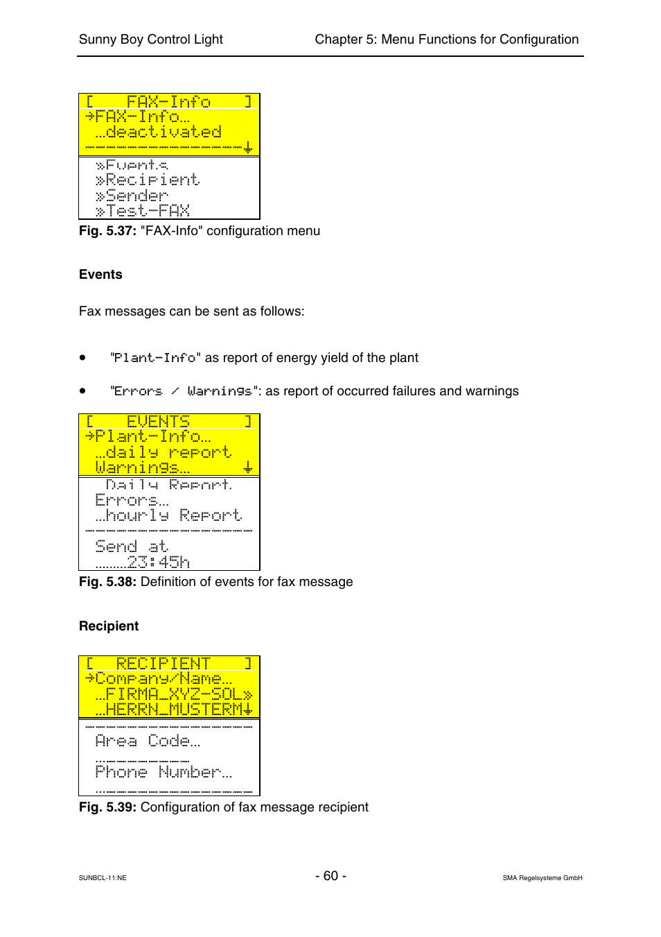 Fax-info, Deactivated, Events | Recipient, Sender, Test-fax, Plant-info, Daily report, Warnings, Errors | SMA Sunny Boy Control Light User Manual | Page 60 / 96