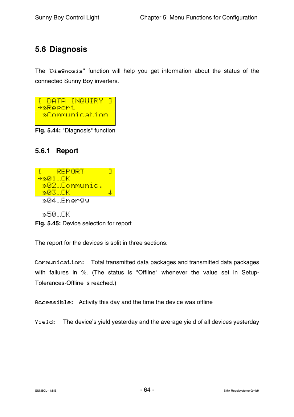 Diagnosis, Report, 6 diagnosis | Data inquiry, Report communication, 01 ok, 02 communic, 03 ok, 04 energy, 50 ok | SMA Sunny Boy Control Light User Manual | Page 64 / 96