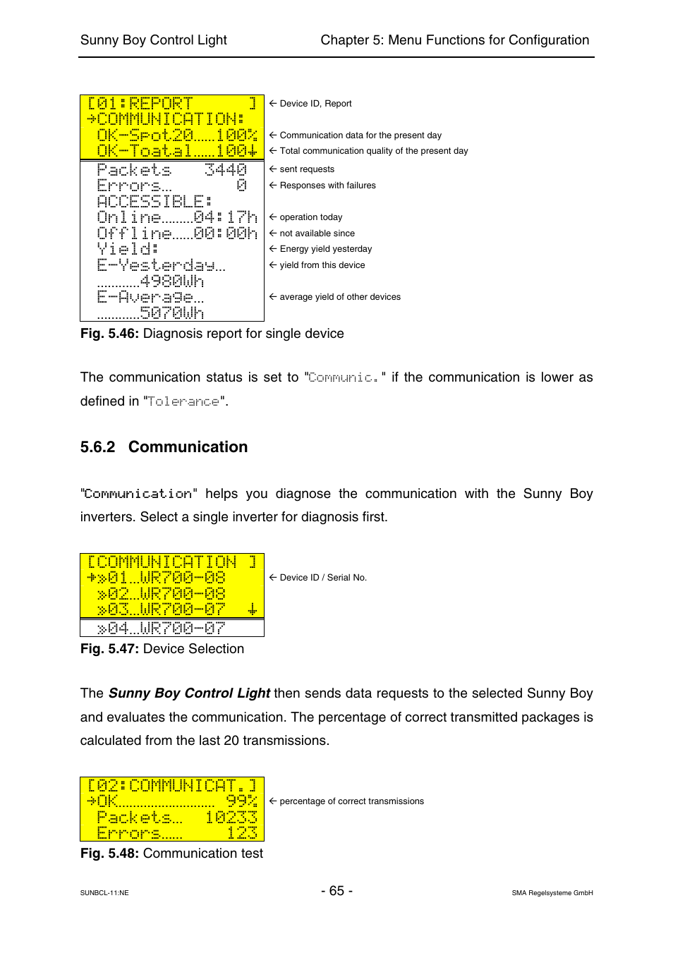 Communication, Report, Ok-toatal 100 | Packets 3440, Errors 0, Accessible, Online 04:17h, Offline 00:00h, Yield, E-yesterday | SMA Sunny Boy Control Light User Manual | Page 65 / 96