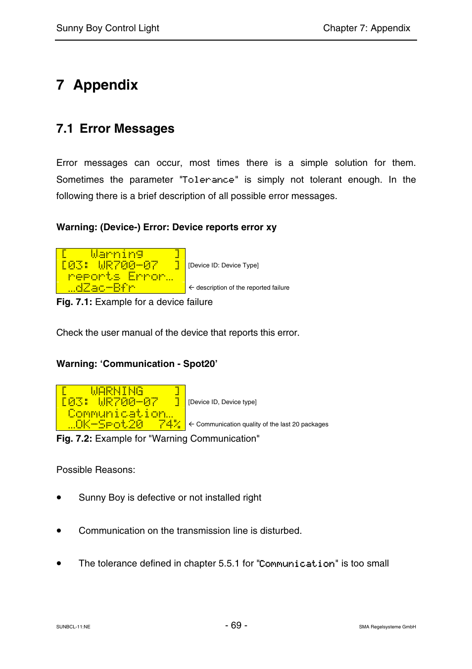 Appendix, Error messages, 7 appendix | 1 error messages, Warning, Reports error, Dzac-bfr, Communication, Ok-spot20 74 | SMA Sunny Boy Control Light User Manual | Page 69 / 96