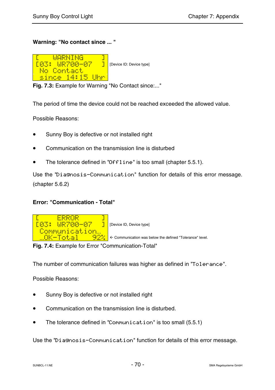 Warning, No contact, Since 14:15 uhr | Error, Communication, Ok-total 92 | SMA Sunny Boy Control Light User Manual | Page 70 / 96