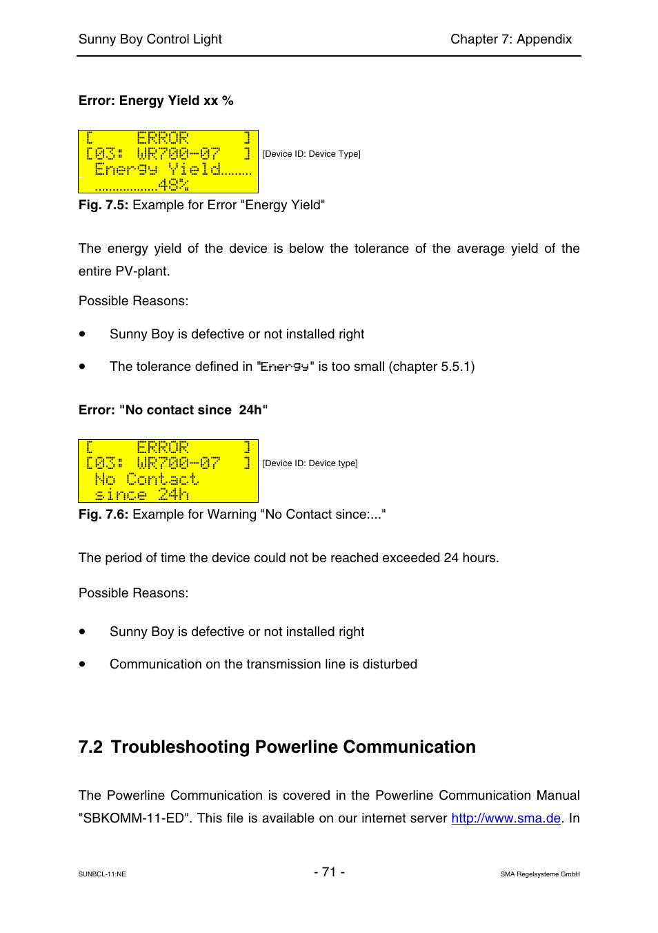 Troubleshooting powerline communication, Error, Energy yield | No contact, Since 24h, 2 troubleshooting powerline communication | SMA Sunny Boy Control Light User Manual | Page 71 / 96