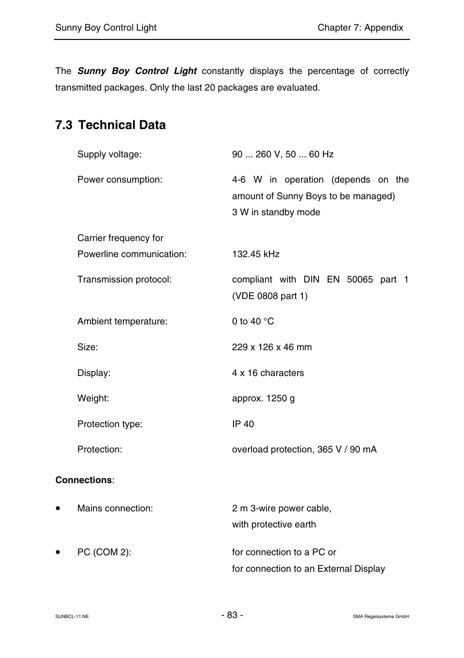 Technical data, 3 technical data | SMA Sunny Boy Control Light User Manual | Page 83 / 96