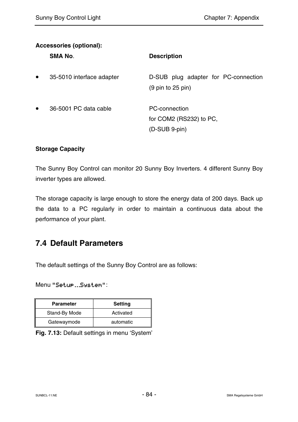 Default parameters, 4 default parameters | SMA Sunny Boy Control Light User Manual | Page 84 / 96