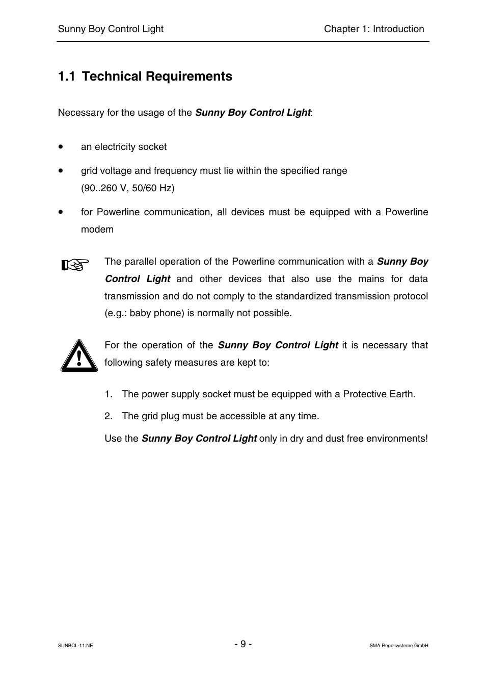 Technical requirements, 1 technical requirements | SMA Sunny Boy Control Light User Manual | Page 9 / 96