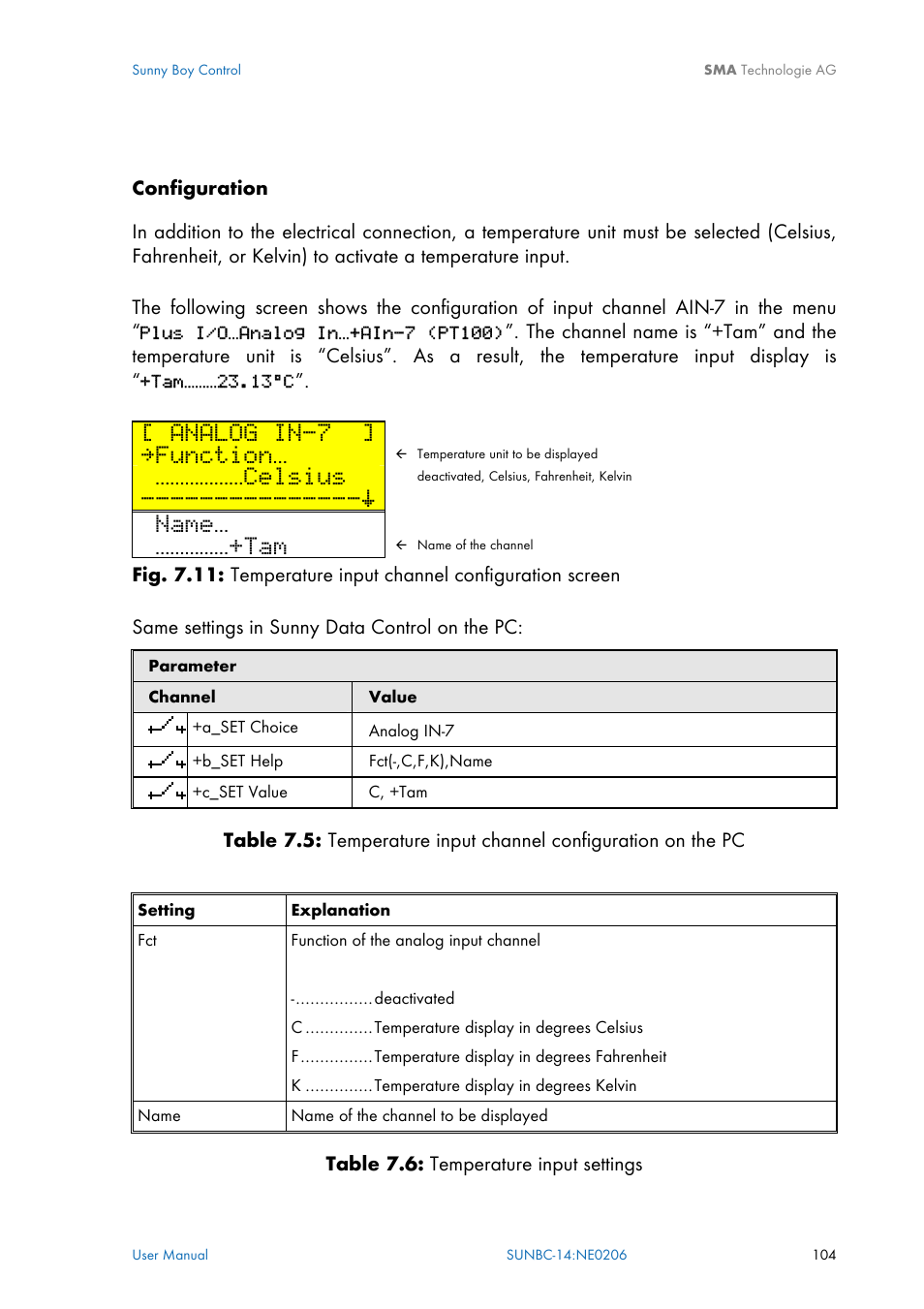 Analog in-7, Function, Celsius | Name | SMA Sunny Boy Control User Manual | Page 108 / 169