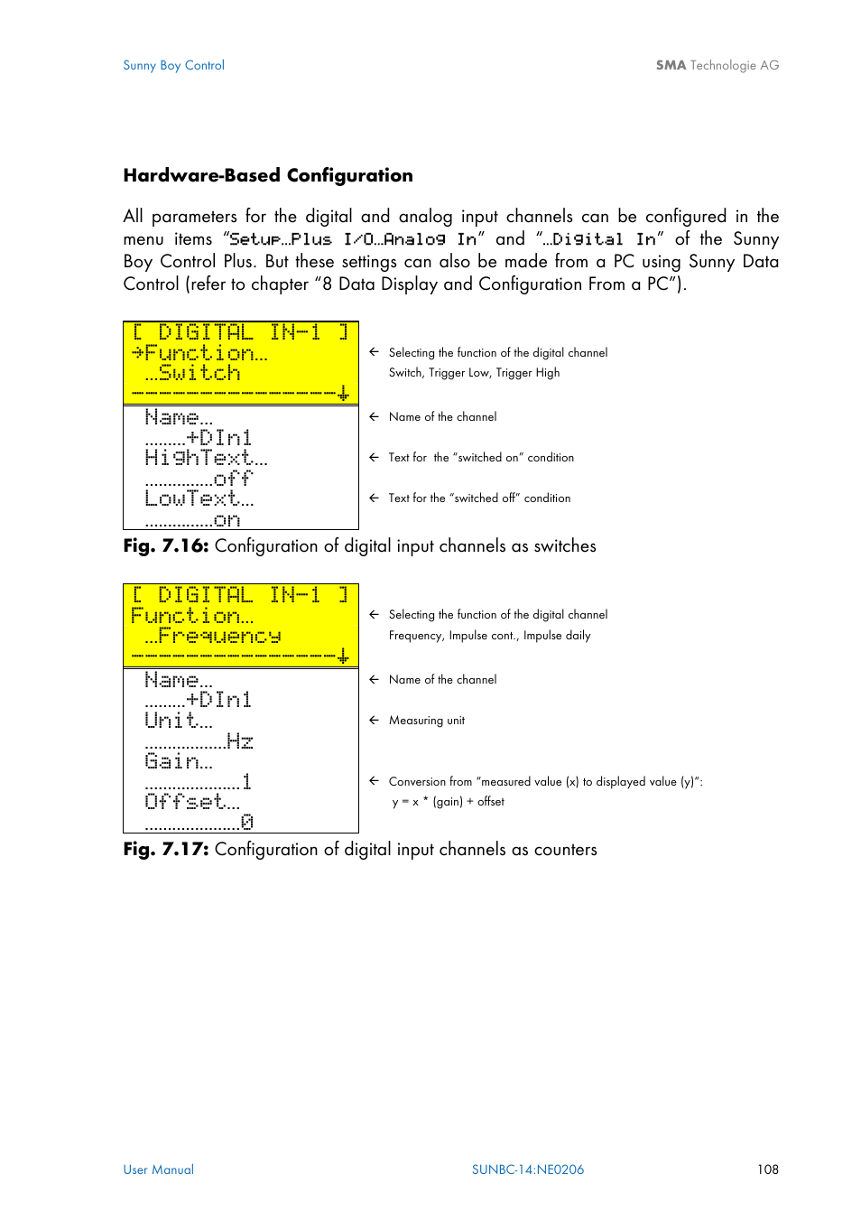 Digital in-1, Function, Switch | Name, Din1, Hightext, Lowtext, Frequency, Unit, Gain | SMA Sunny Boy Control User Manual | Page 112 / 169