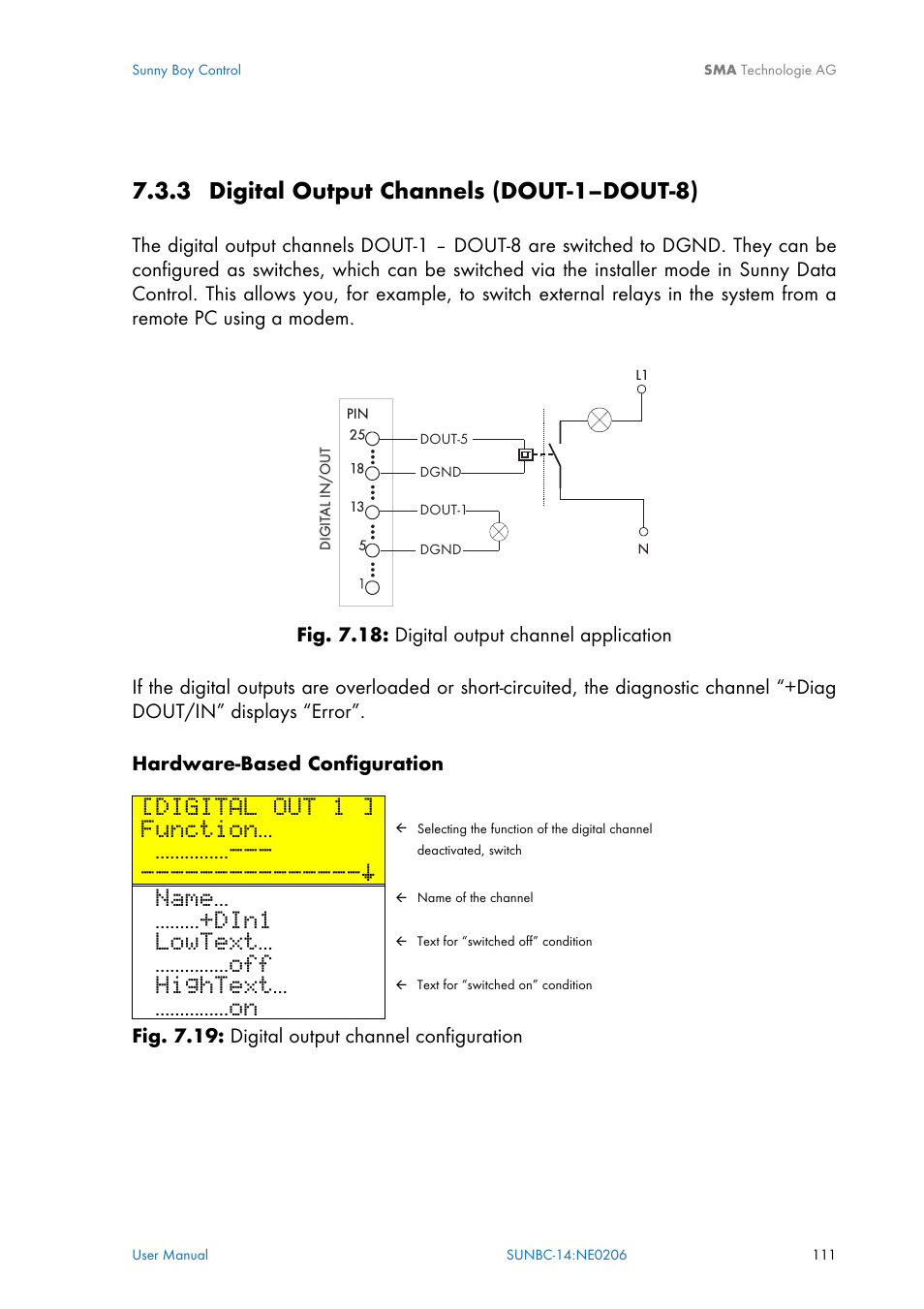 3 digital output channels (dout-1–dout-8), Ion 7.3.3, Digital out 1 | Function, Name, Din1, Lowtext, Hightext | SMA Sunny Boy Control User Manual | Page 115 / 169