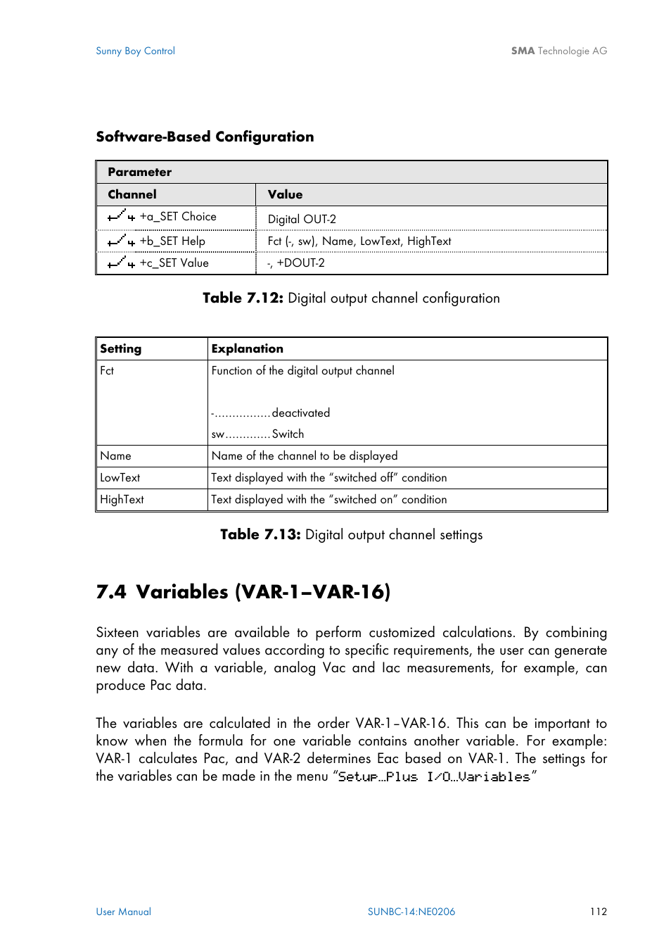 Variables \(var-1–var-16\), Variables (var-1–var-16), Section 7.4 | 4 variables (var-1–var-16) | SMA Sunny Boy Control User Manual | Page 116 / 169