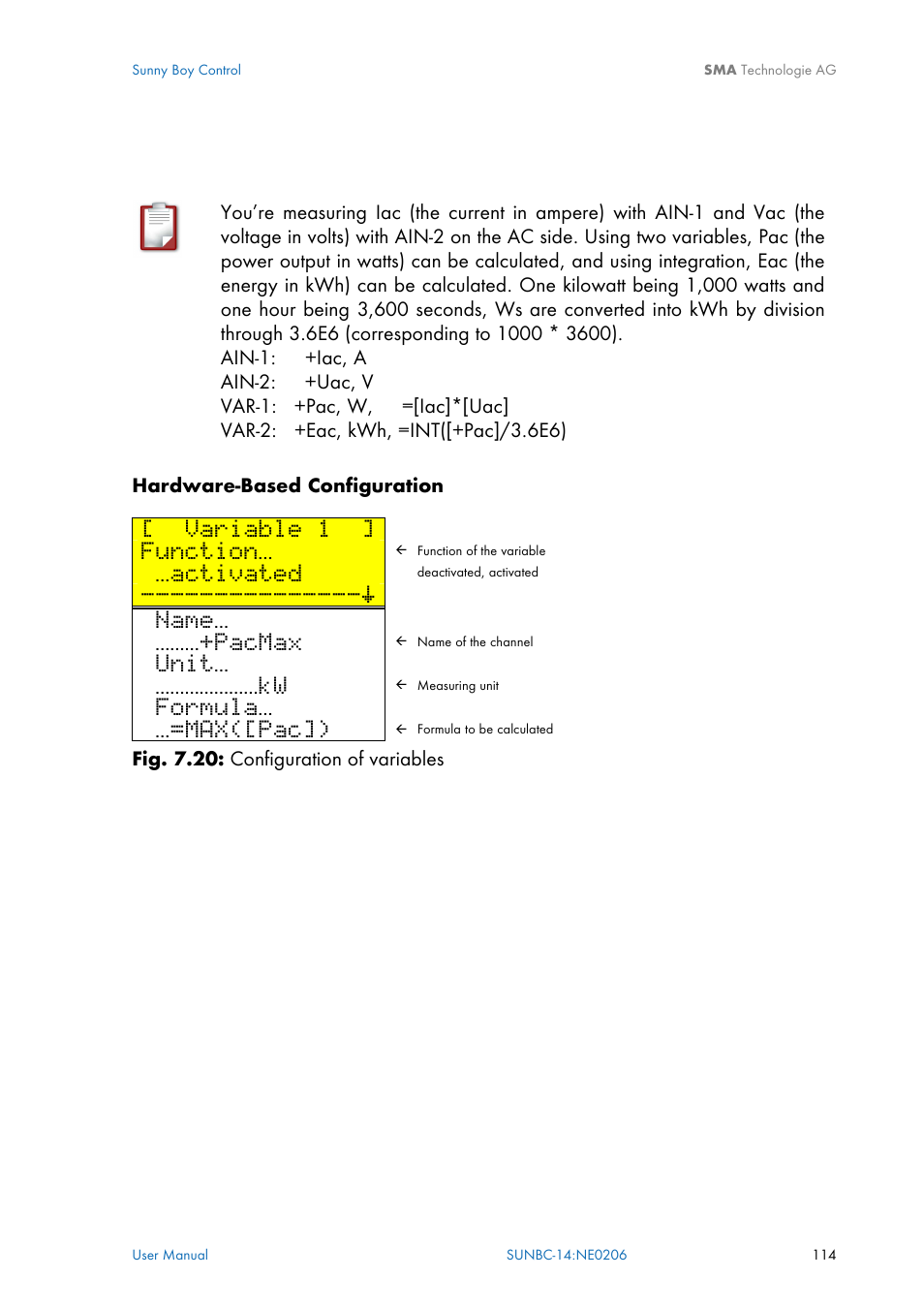 Variable 1, Function, Activated | Name, Pacmax, Unit, Formula, Max([pac]) | SMA Sunny Boy Control User Manual | Page 118 / 169