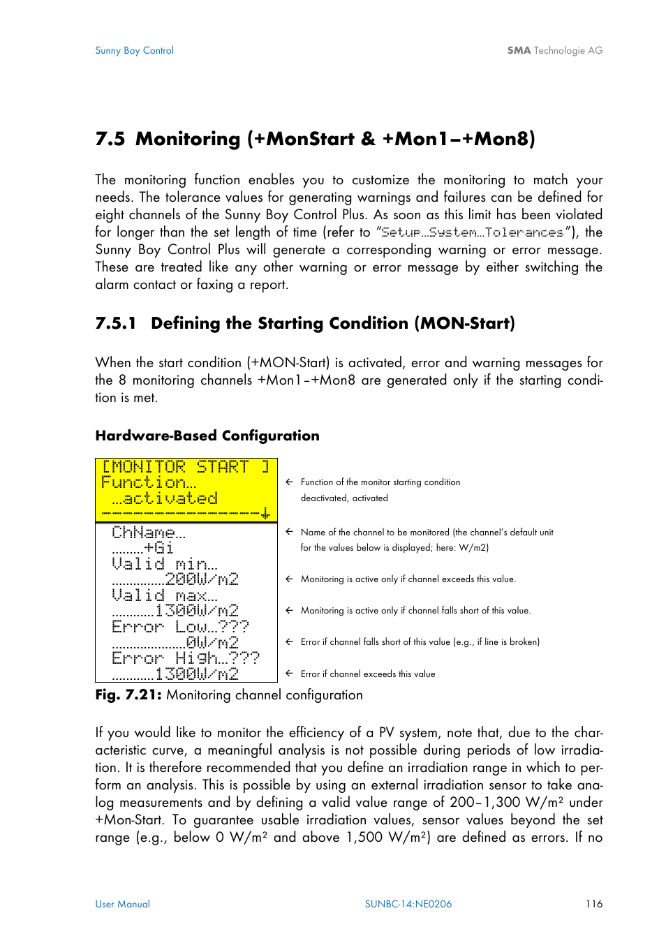 Defining the starting condition (mon-start), Monitoring (+monstart & +mon1–+mon8), 1 defining the starting condition (mon-start) | Section 7.5, 5 monitoring (+monstart & +mon1–+mon8), Monitor start, Function, Activated, Chname, Valid min | SMA Sunny Boy Control User Manual | Page 120 / 169
