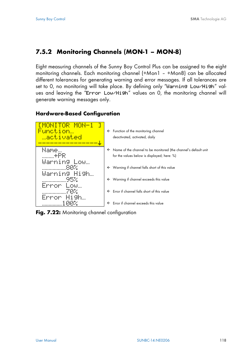 Monitoring channels \(mon-1 – mon-8\), 2 monitoring channels (mon-1 – mon-8), Monitor mon-1 | Function, Activated, Name, Warning low, Warning high, Error low, Error high | SMA Sunny Boy Control User Manual | Page 122 / 169