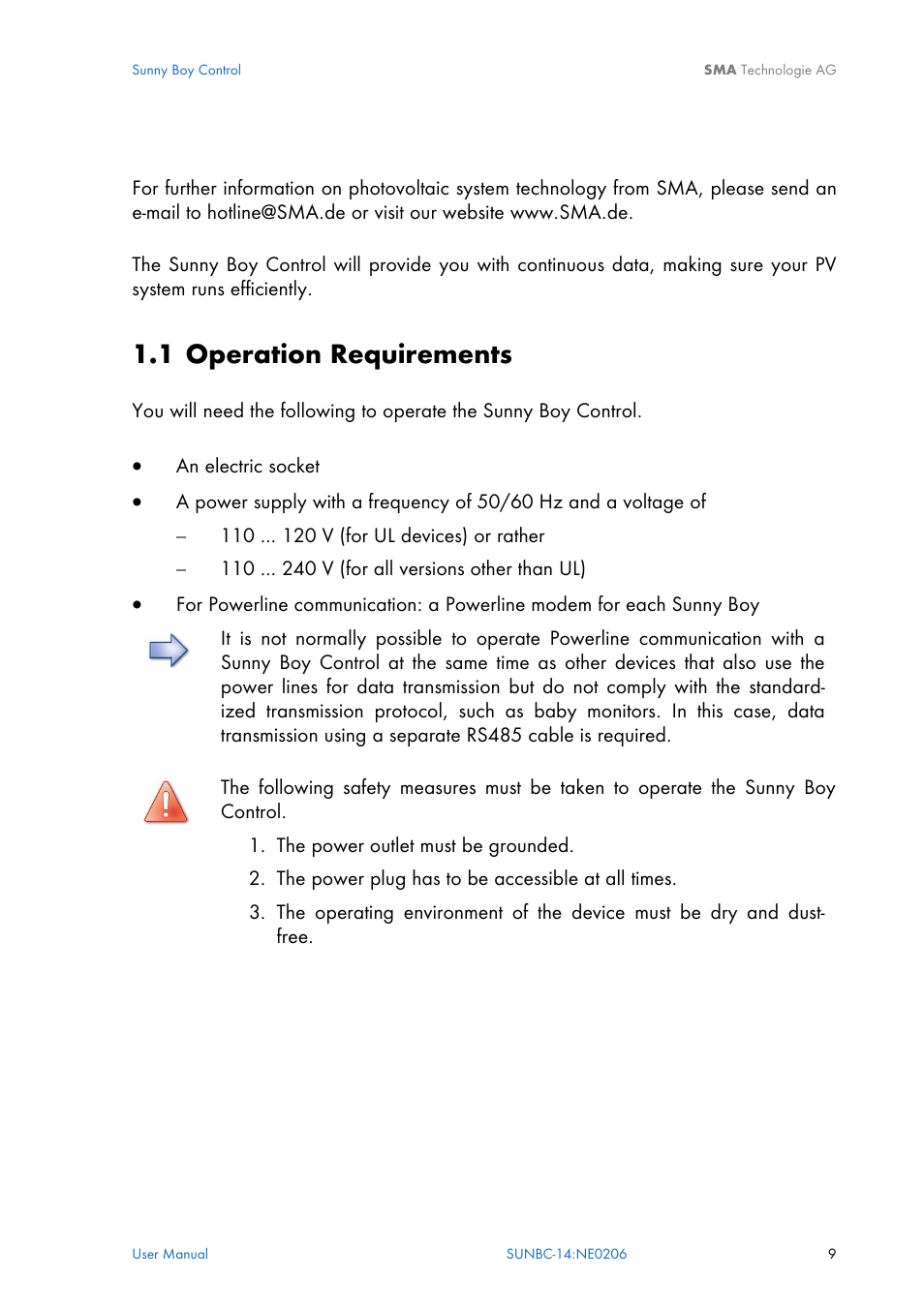 Operation requirements, 1 operation requirements | SMA Sunny Boy Control User Manual | Page 13 / 169