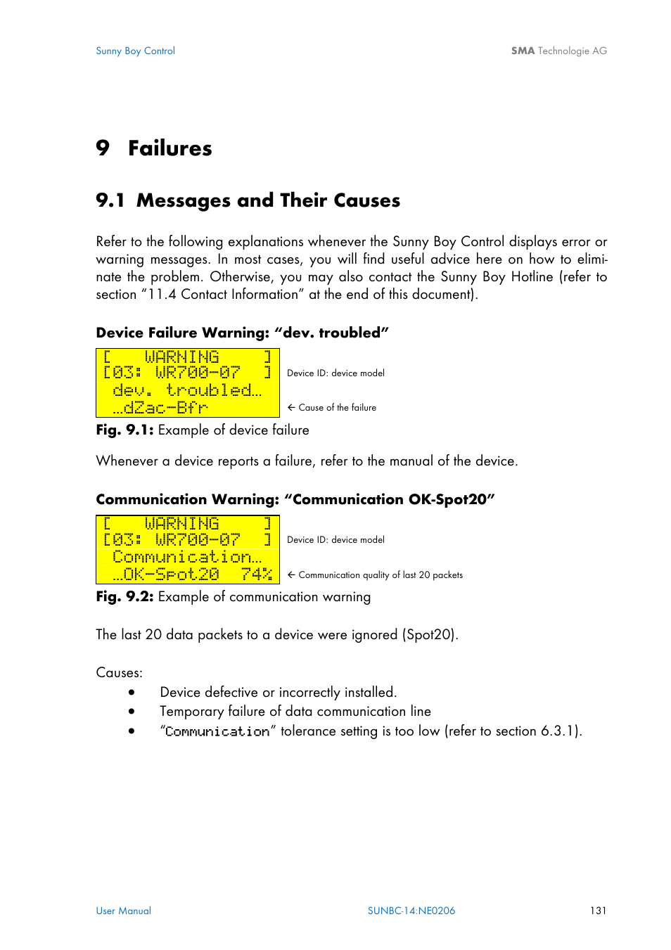 Failures, Messages and their causes, Chapter | 9 failures, 1 messages and their causes, Warning, Dev. troubled, Dzac-bfr, Communication, Ok-spot20 74 | SMA Sunny Boy Control User Manual | Page 135 / 169