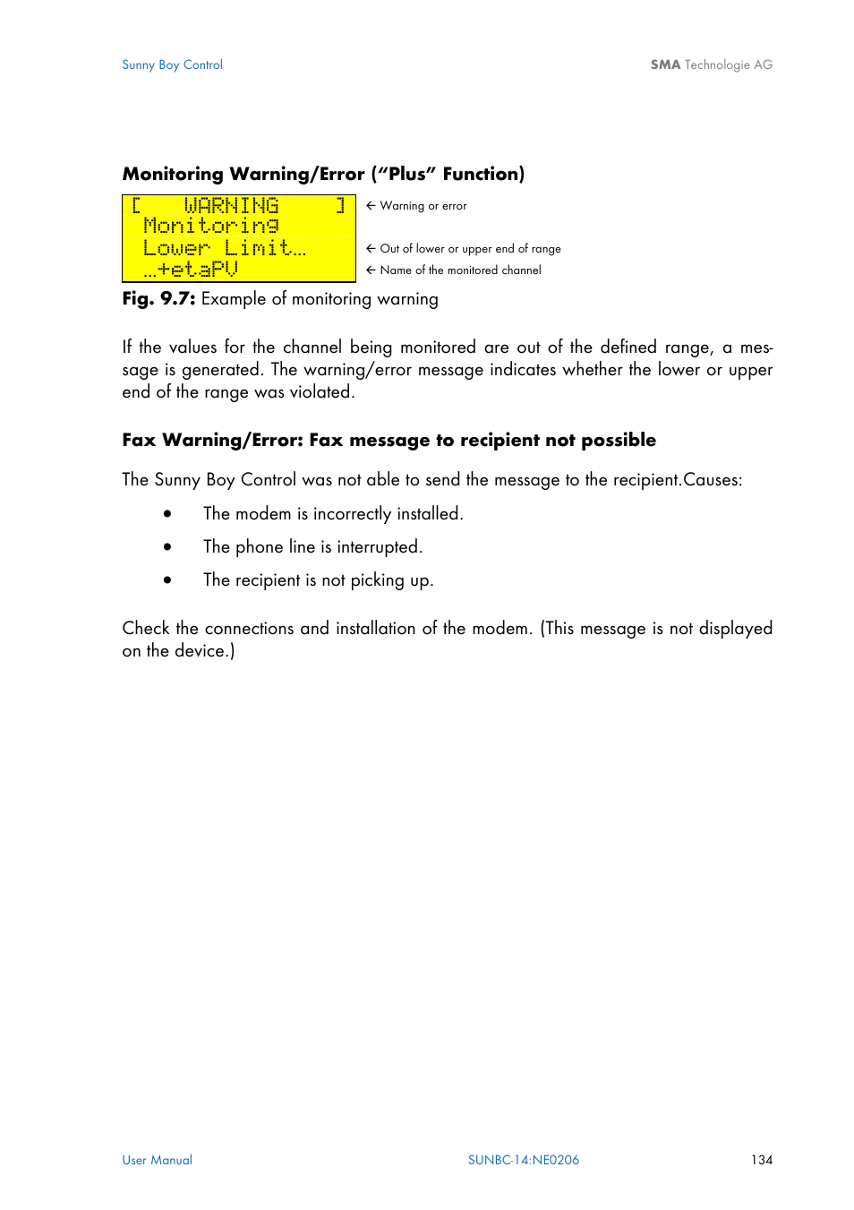 Warning, Monitoring, Lower limit | Etapv | SMA Sunny Boy Control User Manual | Page 138 / 169