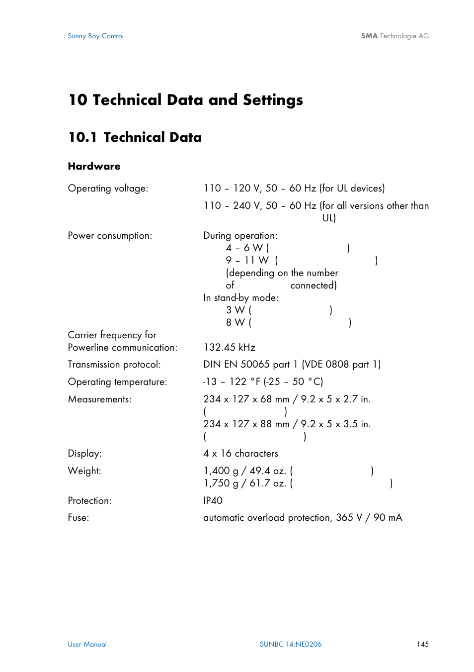 Technical data and settings, Technical data, 10 technical data and settings | Chapter 10, 1 technical data | SMA Sunny Boy Control User Manual | Page 149 / 169