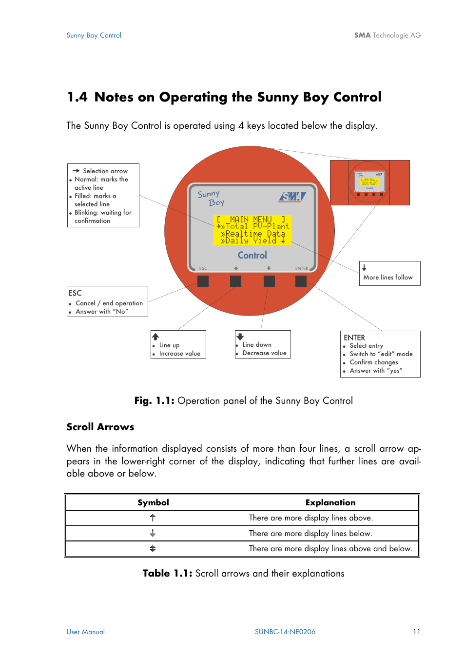 Notes on operating the sunny boy control, Control, Table 1.1: scroll arrows and their explanations | SMA Sunny Boy Control User Manual | Page 15 / 169