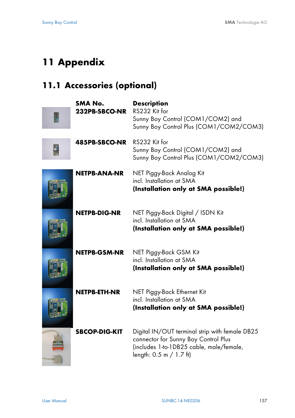 Appendix, Accessories (optional), 11 appendix | Chapter, 1 accessories (optional) | SMA Sunny Boy Control User Manual | Page 161 / 169