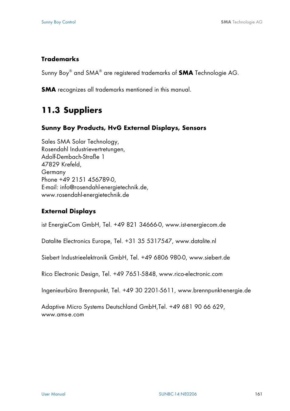 Suppliers, 3 suppliers | SMA Sunny Boy Control User Manual | Page 165 / 169