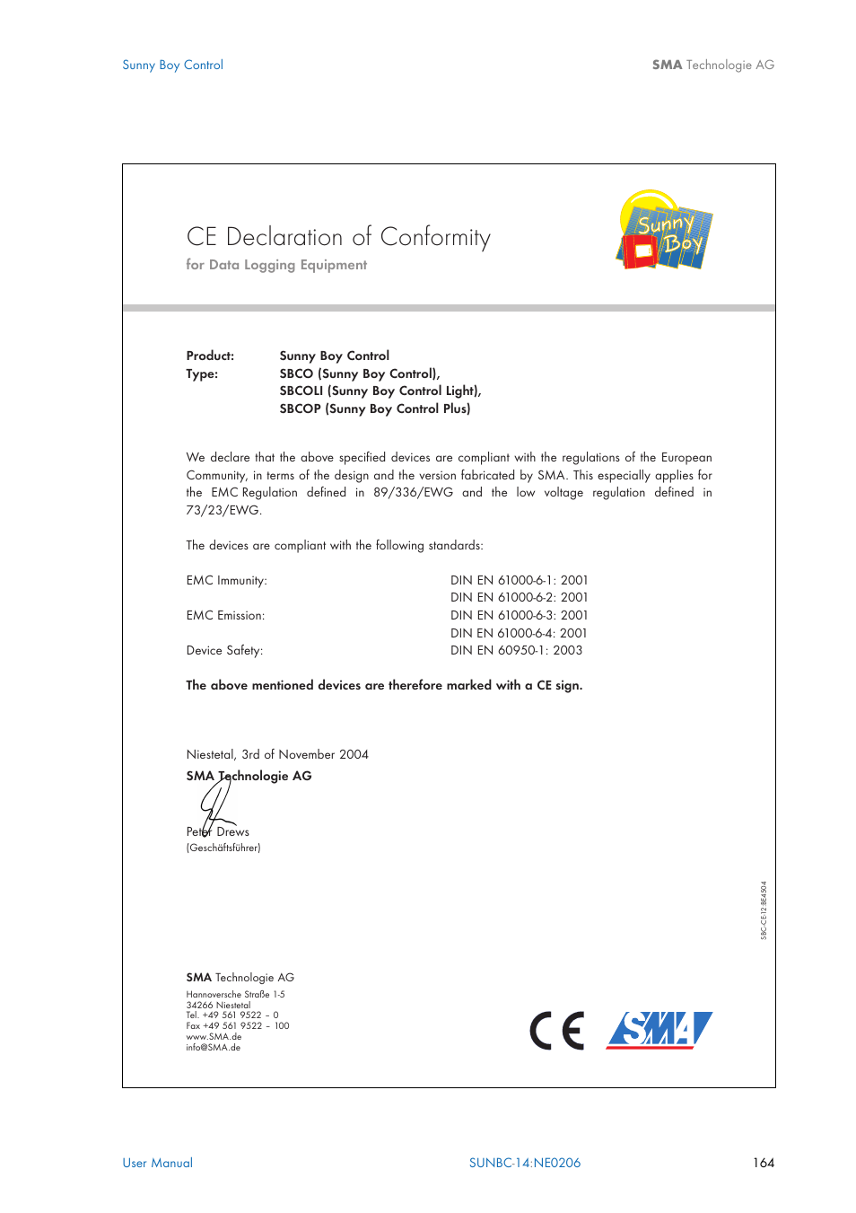 Ce declaration of conformity | SMA Sunny Boy Control User Manual | Page 168 / 169