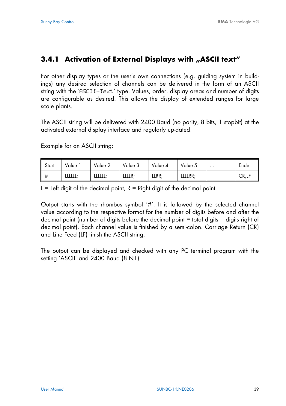 Activation of external displays with „ascii text, 1 activation of external displays with „ascii text | SMA Sunny Boy Control User Manual | Page 43 / 169