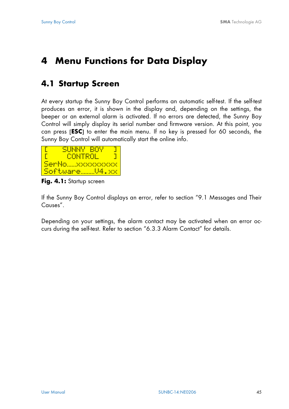 Menu functions for data display, Startup screen, Chapter 4 | 4 menu functions for data display, 1 startup screen, Sunny boy, Control, Software………v4.xx | SMA Sunny Boy Control User Manual | Page 49 / 169