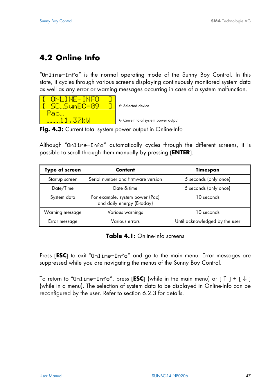 Online info, Main menu, 2 online info | Online-info, Sc…sunbc-09, 37kw | SMA Sunny Boy Control User Manual | Page 51 / 169