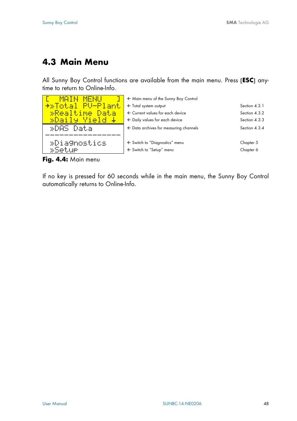 Main menu, N 4.3, 3 main menu | Total pv-plant, Realtime data, Daily yield š, Das data, Diagnostics, Setup | SMA Sunny Boy Control User Manual | Page 52 / 169