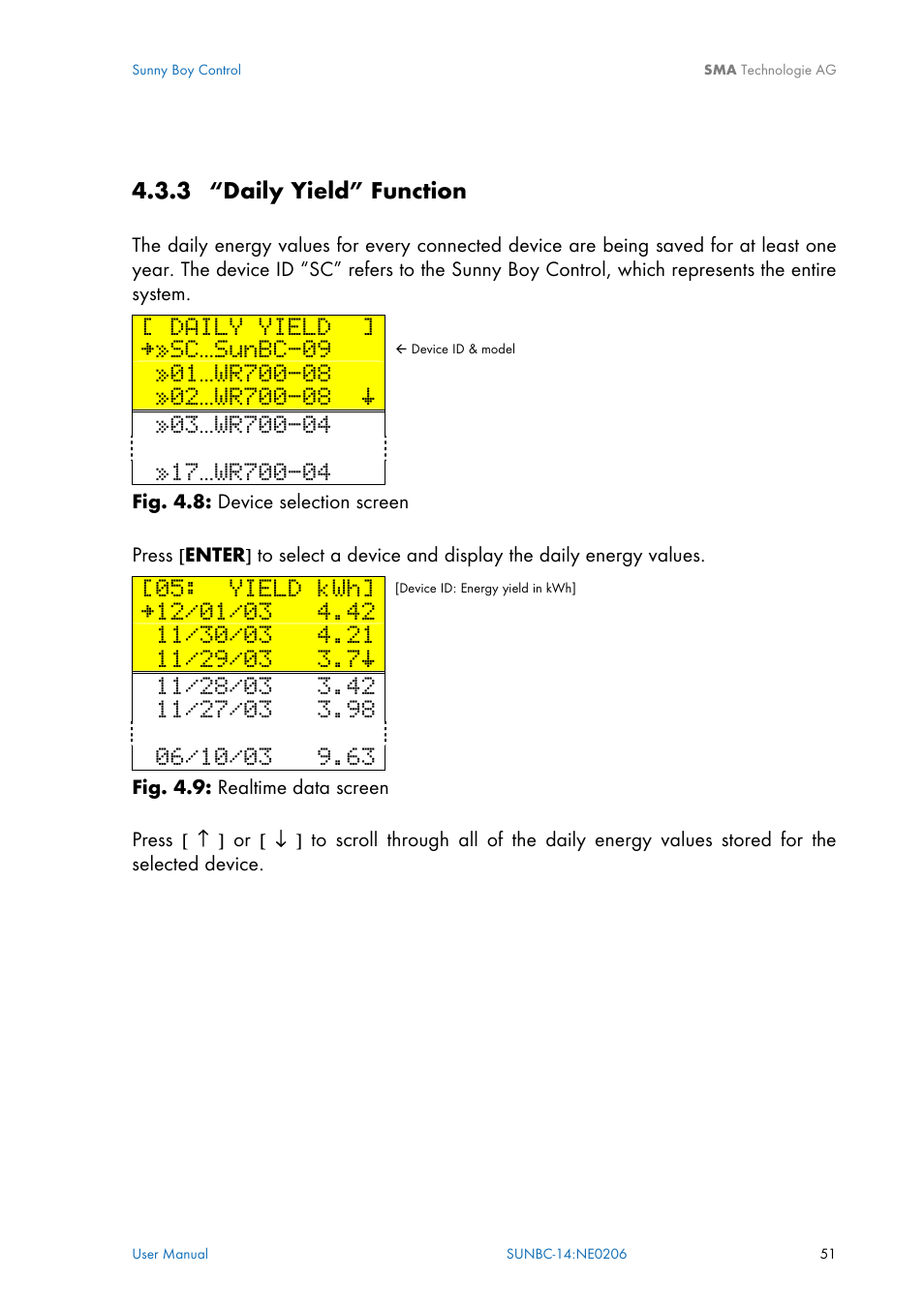 Daily yield” function, 3 “daily yield” function, Ion 4.3.3 | Daily yield, Sc…sunbc-09, Yield kwh | SMA Sunny Boy Control User Manual | Page 55 / 169