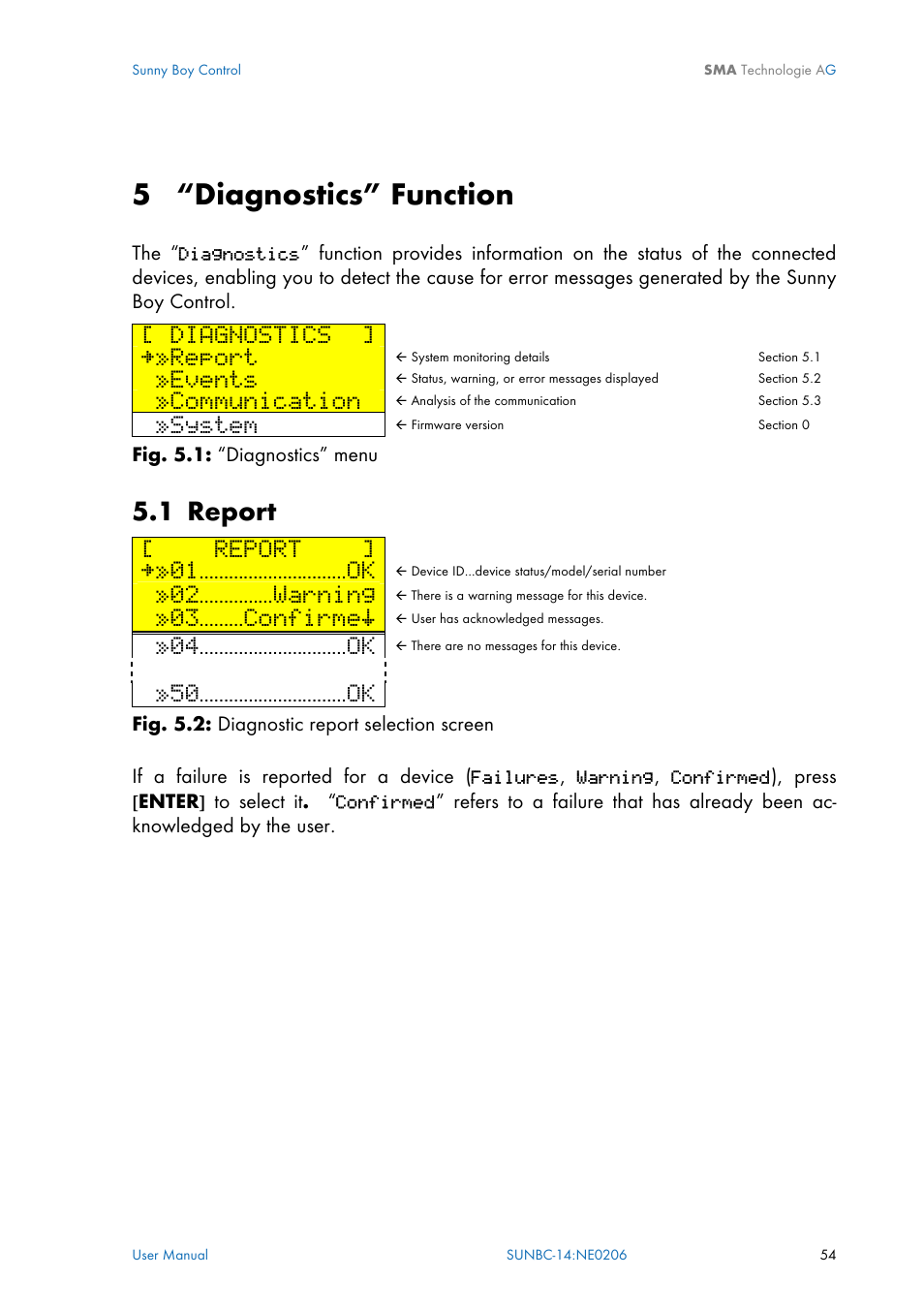 Diagnostics” function, Report, Chapter 5 | 5 “diagnostics” function, Diagnostics, Events, Communication, System, 1 report [ report, 01…………………………ok | SMA Sunny Boy Control User Manual | Page 58 / 169