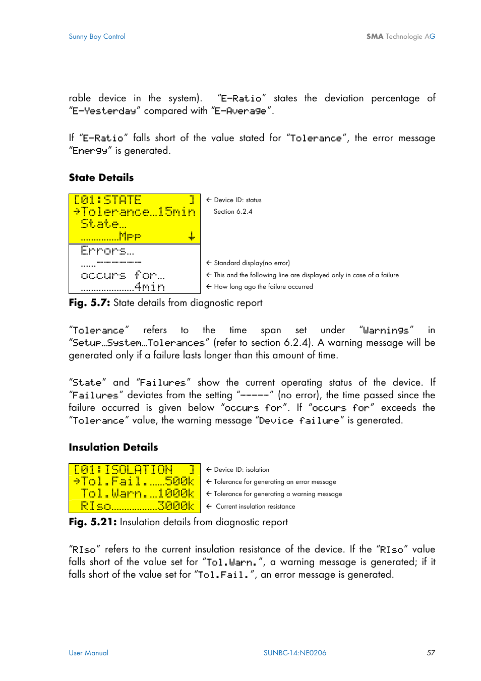 State, Tolerance…15min, Mpp š | Errors, Occurs for, 4min, Isolation, Tol.fail.……500k, Tol.warn.…1000k, Riso………………3000k | SMA Sunny Boy Control User Manual | Page 61 / 169