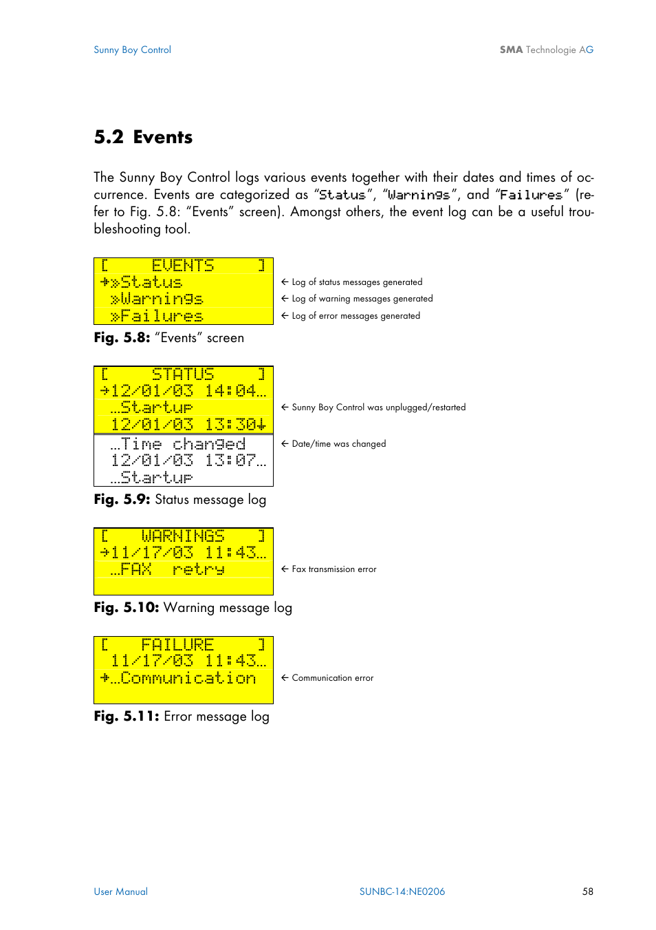 Events, Section 5.2, 2 events | Status, Warnings, Failures, Startup, Time changed, Fax retry, Failure | SMA Sunny Boy Control User Manual | Page 62 / 169