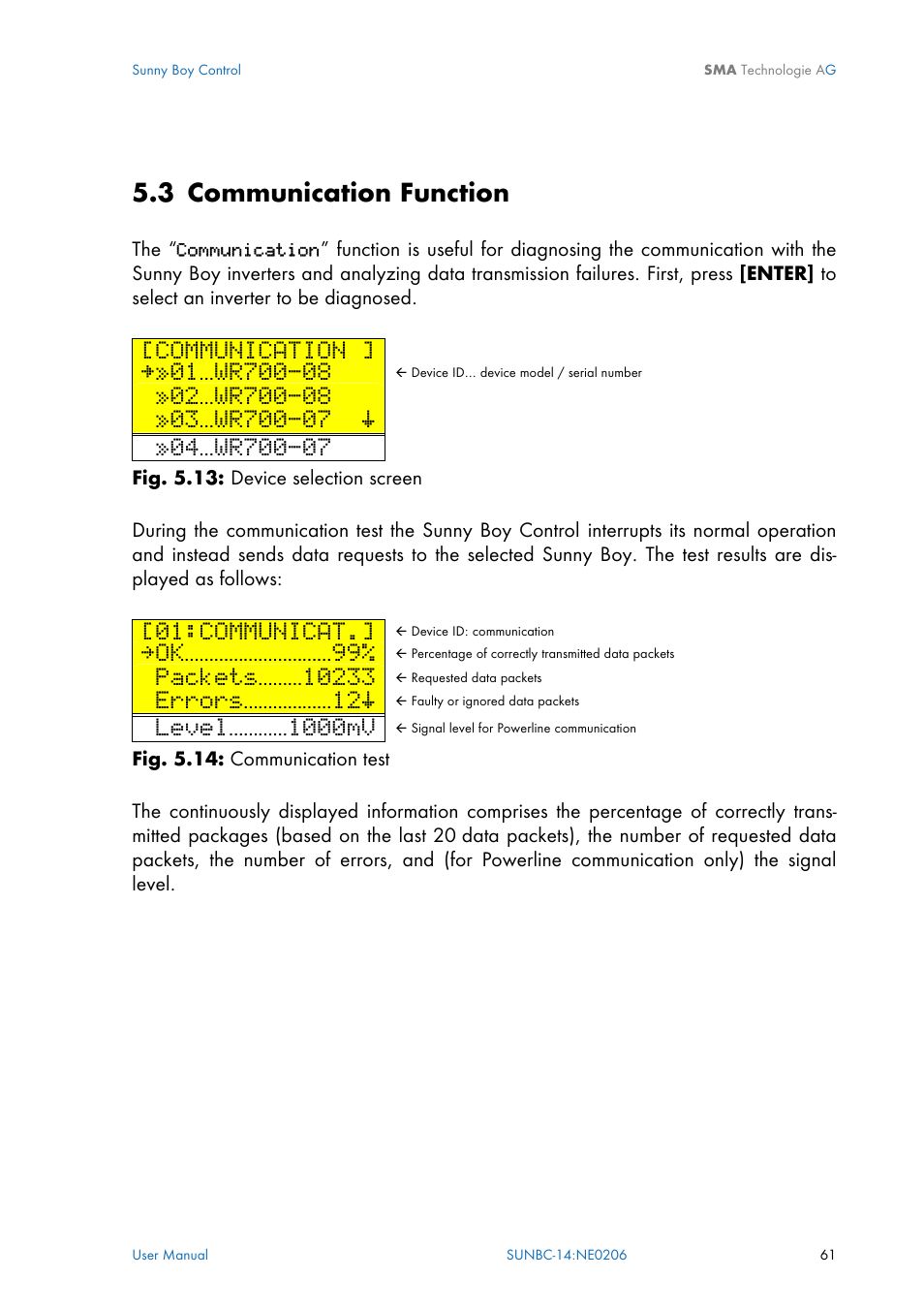 Communication function, Section 5.3, 3 communication function | Communication, Communicat, Ok…………………………99, Errors………………12š, Level…………1000mv | SMA Sunny Boy Control User Manual | Page 65 / 169