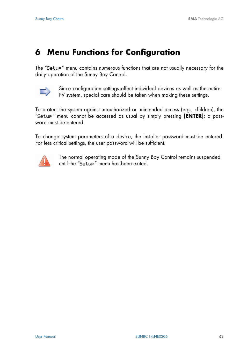 Menu functions for configuration, Useful functions. chapter 6 explains spe, Chapter 6 | 6 menu functions for configuration | SMA Sunny Boy Control User Manual | Page 67 / 169