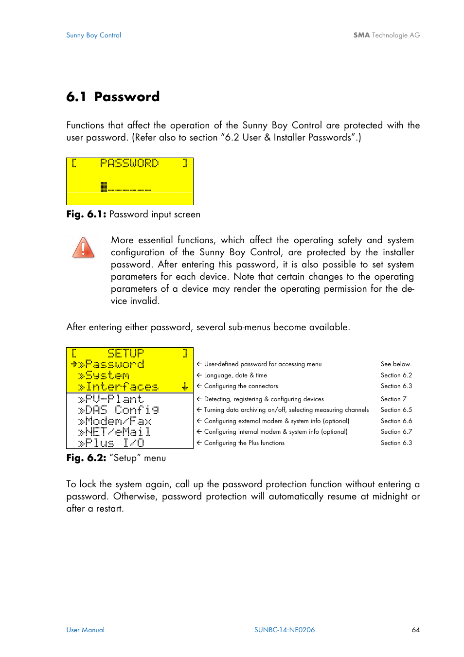 Password, System, N 6.1 | 1 password, Setup, Interfaces š, Pv-plant, Das config, Modem/fax, Net/email | SMA Sunny Boy Control User Manual | Page 68 / 169