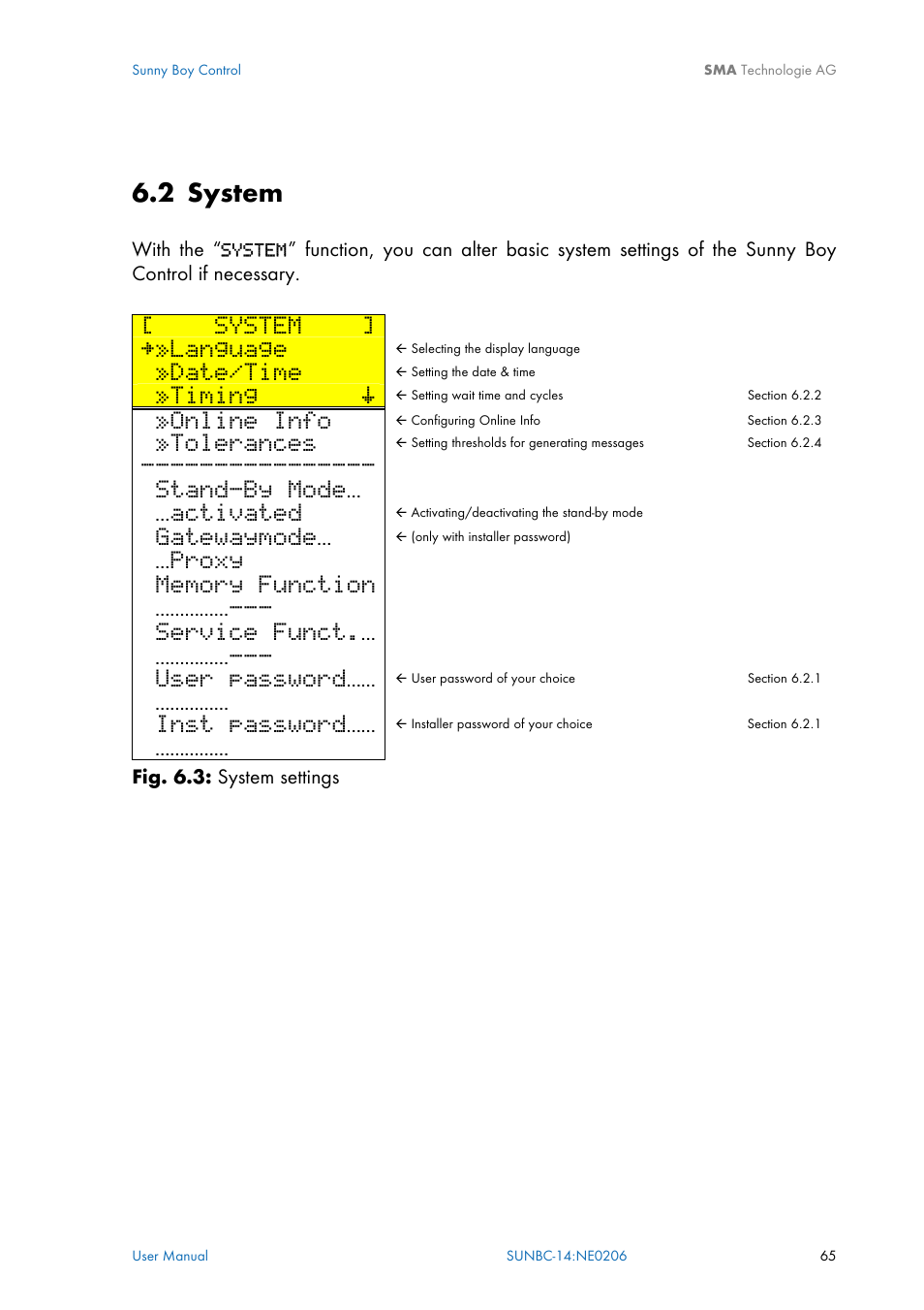 System, 2 user & installer passwords”.), 2 system | Language, Date/time, Timing š, Online info, Tolerances, Stand-by mode, Activated | SMA Sunny Boy Control User Manual | Page 69 / 169