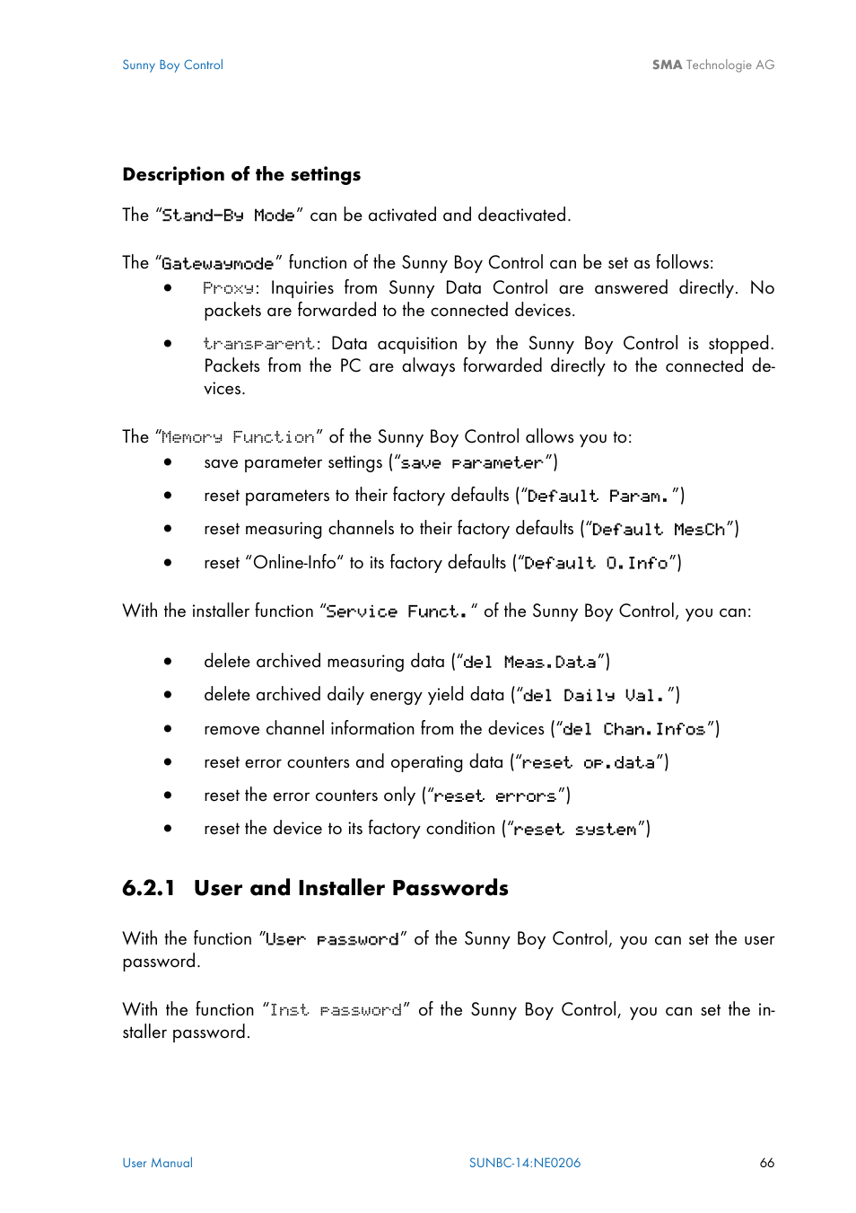 User and installer passwords, Timing, 1 user and installer passwords | N 6.2.1 | SMA Sunny Boy Control User Manual | Page 70 / 169