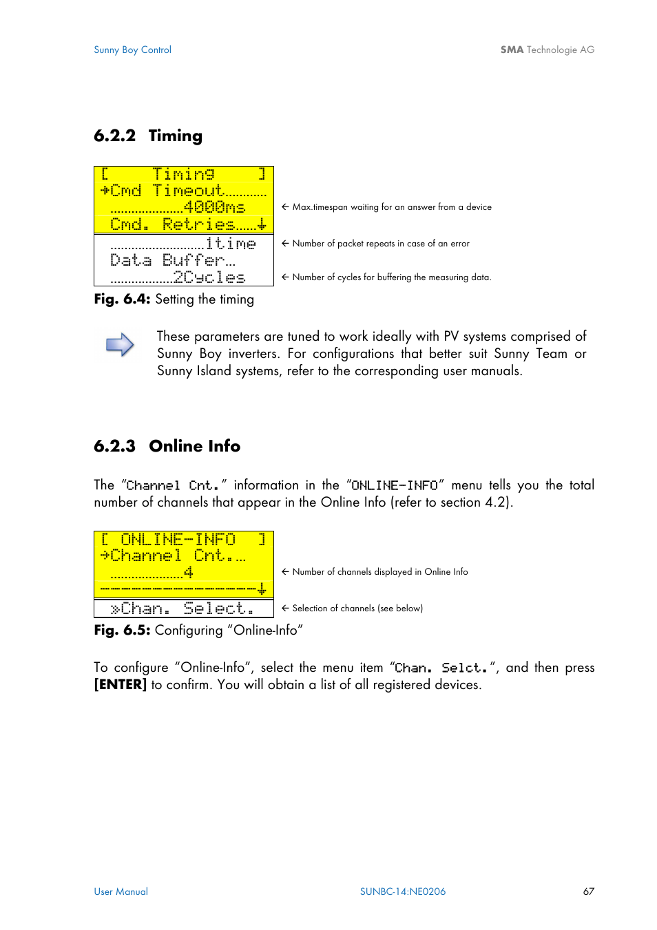 Online info, 2 timing, 3 online info | Timing, Cmd timeout, 4000ms, Cmd. retries……š, 1time, Data buffer, 2cycles | SMA Sunny Boy Control User Manual | Page 71 / 169