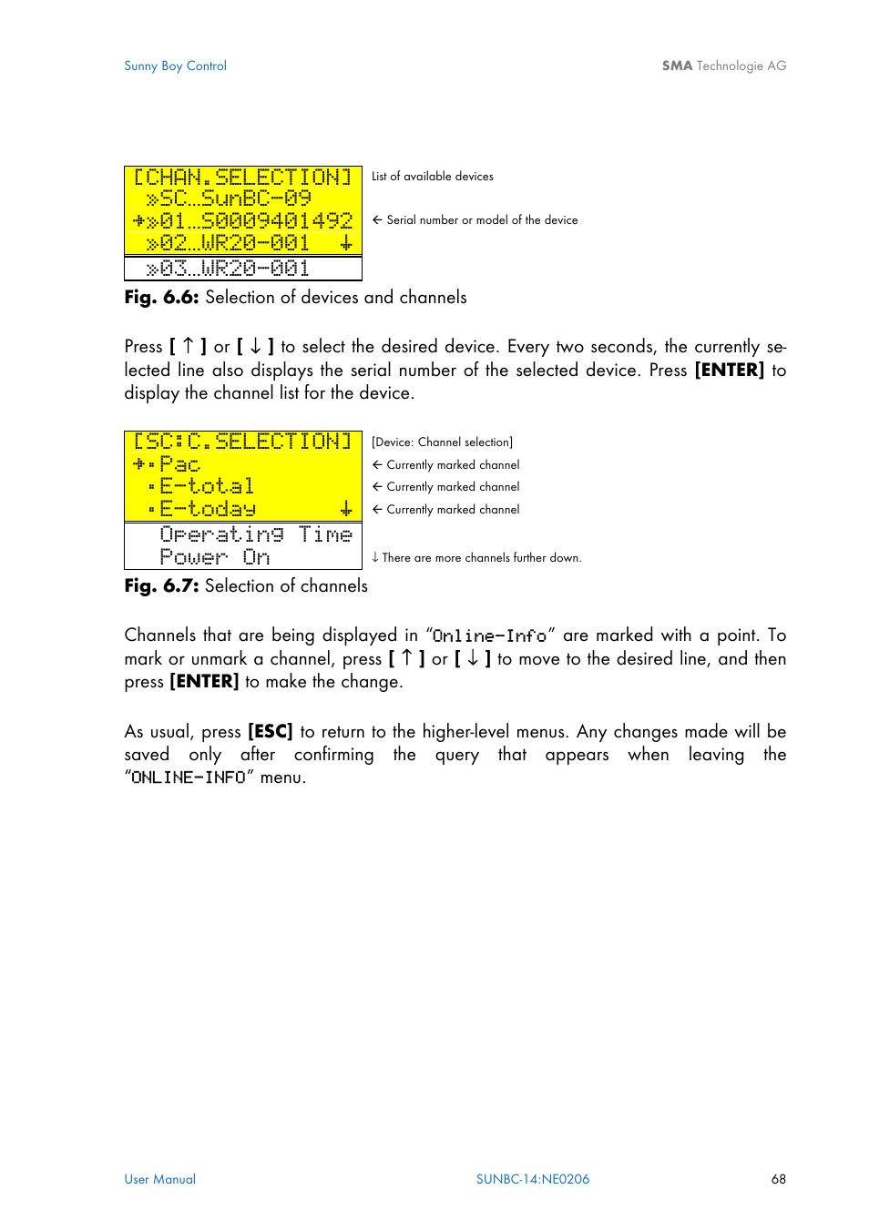 Chan.selection, Sc…sunbc-09, Sc:c.selection | E-total, E-today š, Operating time, Power on | SMA Sunny Boy Control User Manual | Page 72 / 169